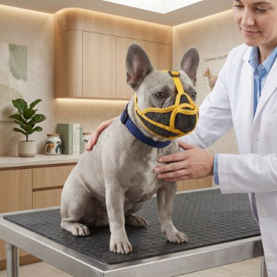 chien chez vétérinaire porte muselière bouledogue français