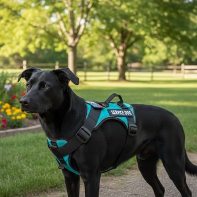 chien noir porte harnais chien patch vert