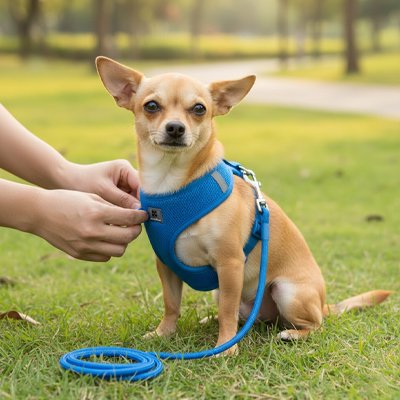 chihuahua dans herbe porte harnais chiot bleu