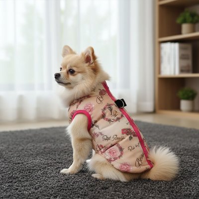 chiwawa assis avec manteau pour chien rouge et beige