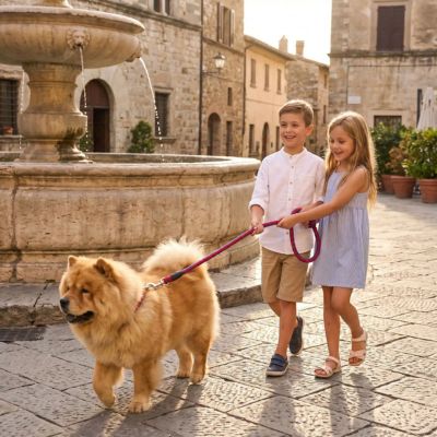 chowchow tenu en laisse chien tressée rouge et bleu