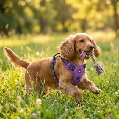 cocker avec harnais chien violet joue