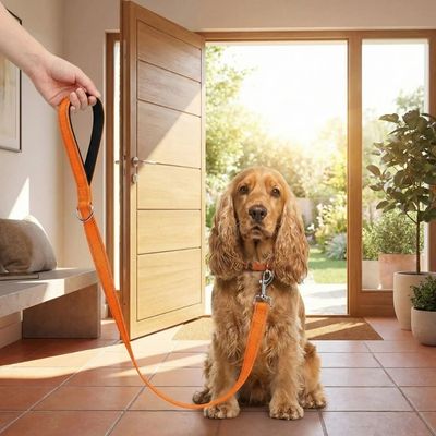 cocker dans entrée avec laisse pour chien orange