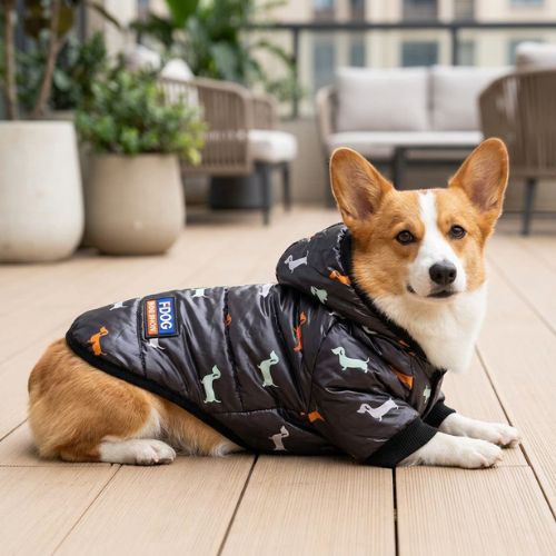 corgi allongé porte doudoune chien noir imprimé 
