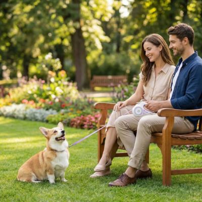 corgi assis dans parc avec laisse chien enrouleur led