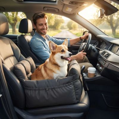 corgi assis dans siege auto chiens