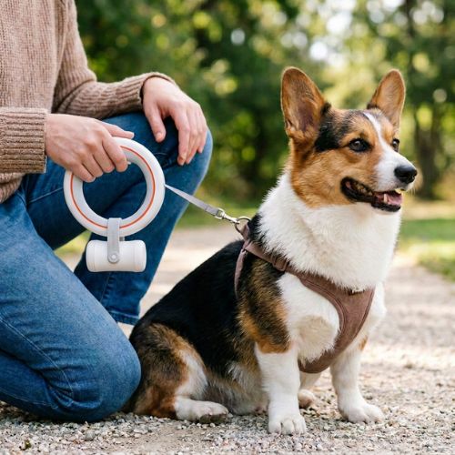 corgi tenu avec laisse pour chien anneau blanc