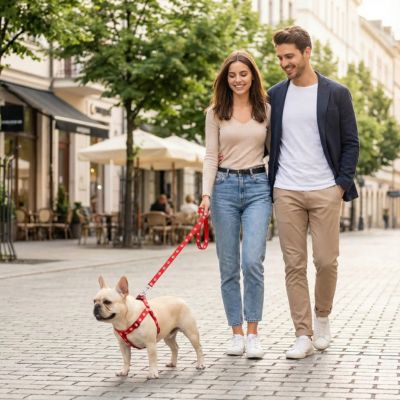 couple promène bouledogue avec harnais pour petit chien rouge