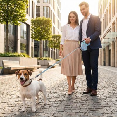 couple promène jack russell avec laisse pour chien enrouleur
