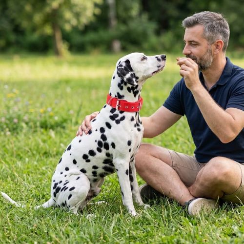 damatien avec son maître porte collier plat pour chien rouge