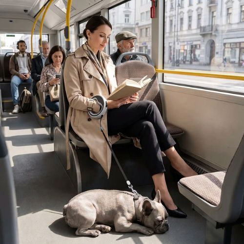 dame dans bus tient bouledogue avec laisse pour chien anneau