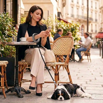 dame en terrasse tient laisse pour chien anneau