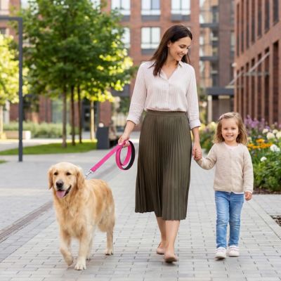 dame-promène-golden-avec-laisse-pour-chien-rose-fuschia