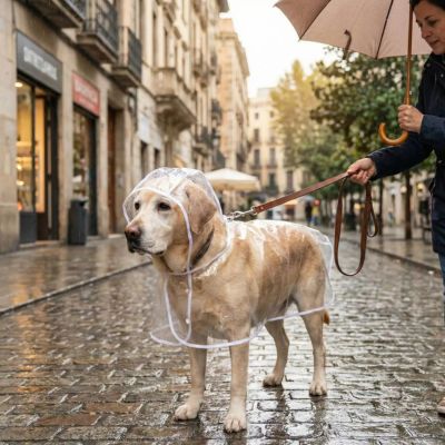 dame promène labrador avec manteau imperméable pour chien 