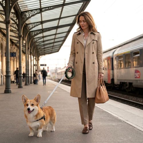 dame tient corgi avec laisse pour chien anneau noir