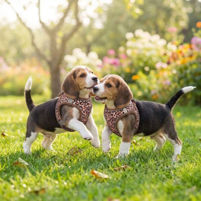 deux bébés beagle jouent avec harnais petit chien léopard