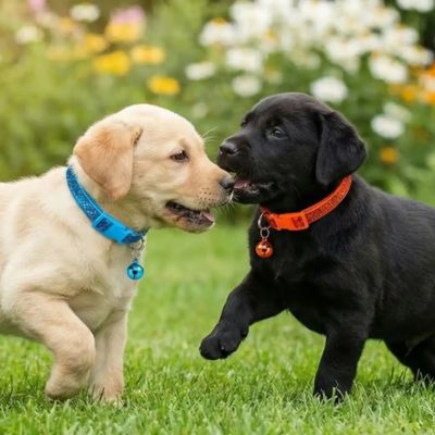 deux bébés labrador portent collier chiot paillettes orange bleu
