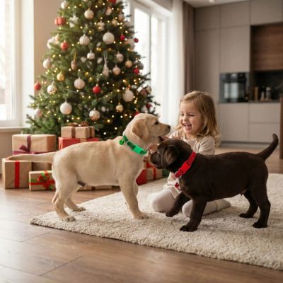deux bébés labradors portent collier chiot paillettes