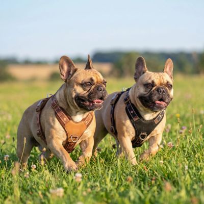 deux bouledogues portent harnais chien en y
