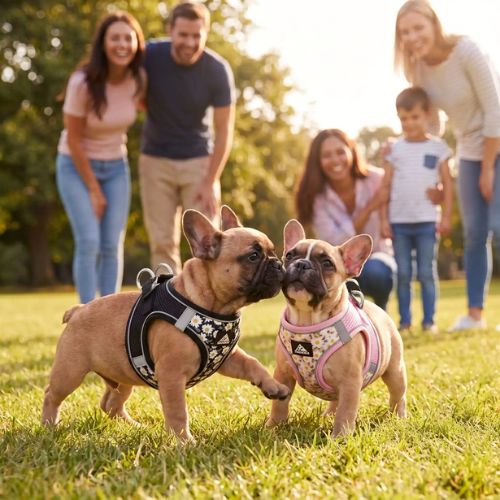 deux bouledogues portent harnais petit chien fleuri jouent