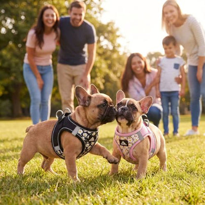 deux bouledogues portent harnais petit chien fleuri jouent