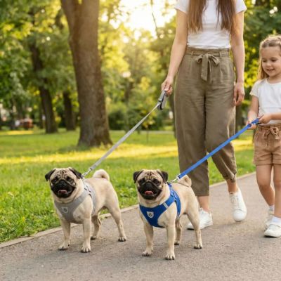 deux carlins en promenade avec harnais pour chien