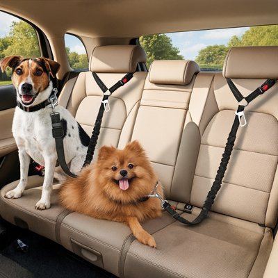 deux chiens heureux avec ceinture de sécurité pour chien