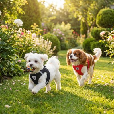 deux chiens portent harnais pour chien rouge et noir