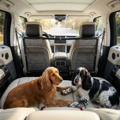 deux cockers avec filet protection chien voiture