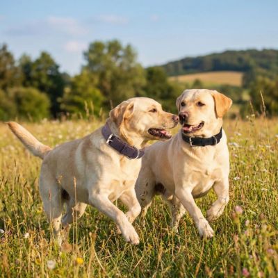 deux labradors dans prairie portent collier en cuir pour chien