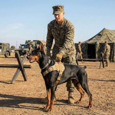 doberman avec harnais tactique chien camouflage dans camp militaire