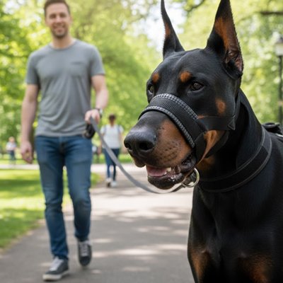 dobermann au parc avec muselière pour chien