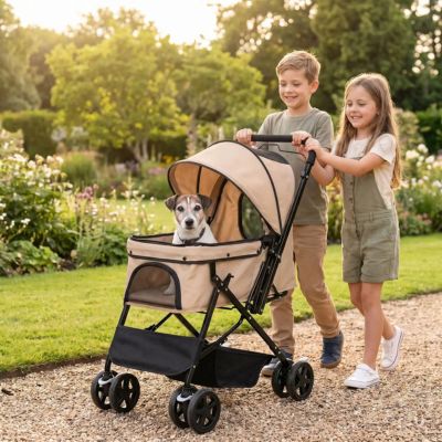 enfants promènent jack russell dans poussette pour chien
