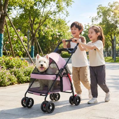 enfants promènent westie dans poussette pour chien rose