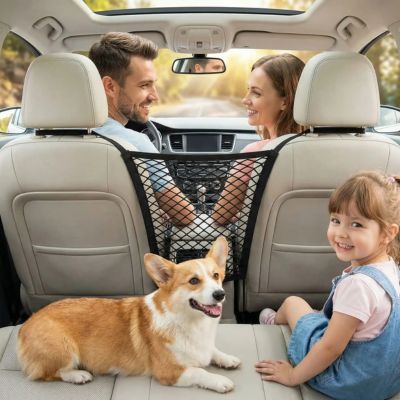 famille heureuse avec filet protection chien voiture