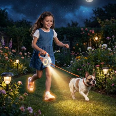 fillette promène bouledogue avec laisse chien enrouleur led
