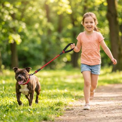 fillette promène staffie avec laisse chien tressée rouge