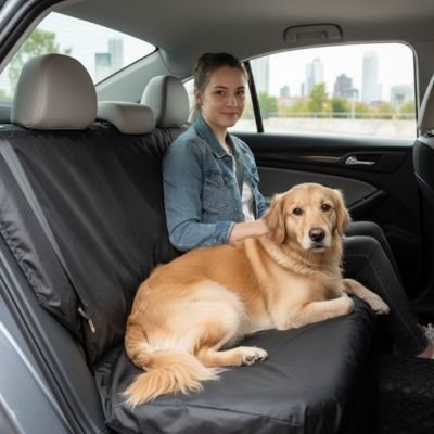 golden allongé avec dame sur protection voiture chien arrière