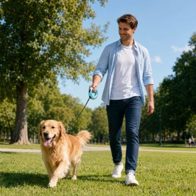 golden au parc avec laisse pour chien anneau