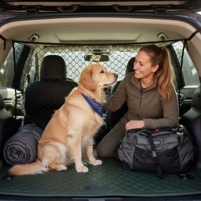 golden dans coffre avec filet protection chien voiture