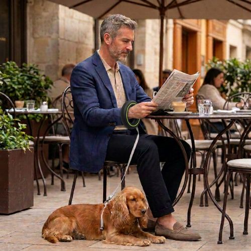 homme assis tient laisse pour chien anneau au poignet