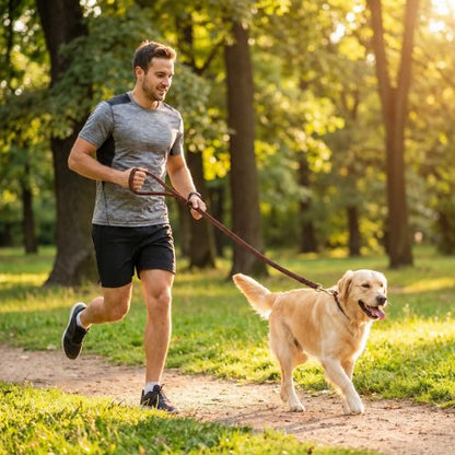 homme court avec labrador en laisse en cuir pour chien