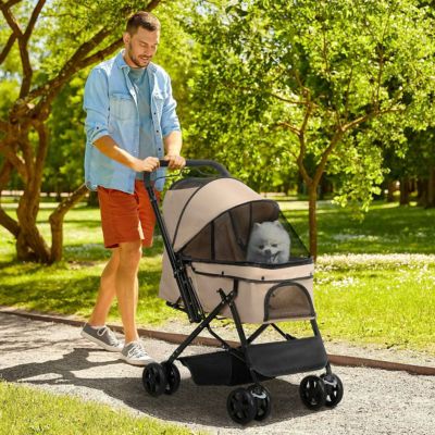 homme dans parc avec poussette pour chien