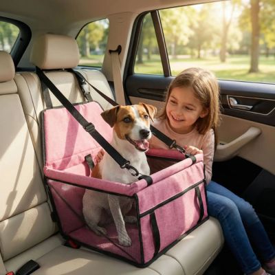 jack russell assis dans siège auto chien rose