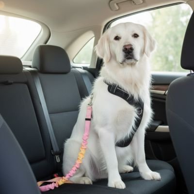 labrador avec ceinture de securite pour chien rose et jaune