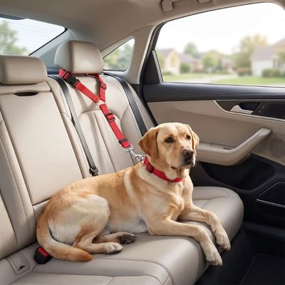 labrador avec ceinture de sécurité pour chien rouge