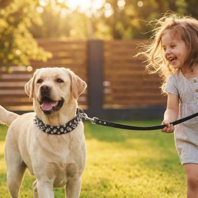 labrador avec fillette porte collier chien clouté noir