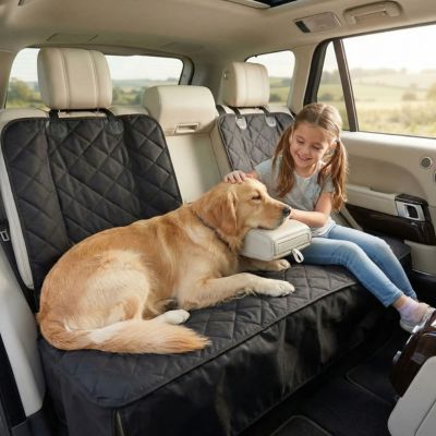 labrador avec fillette sur protection voiture chien matelassée