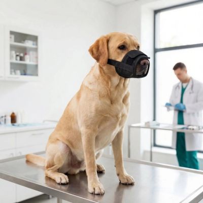 labrador avec muselière chien en maille chez vétérinaire