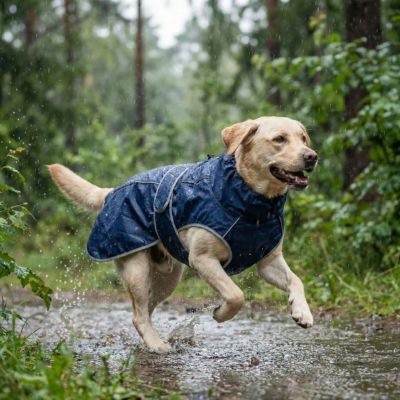 labrador court avec manteau de pluie pour chien